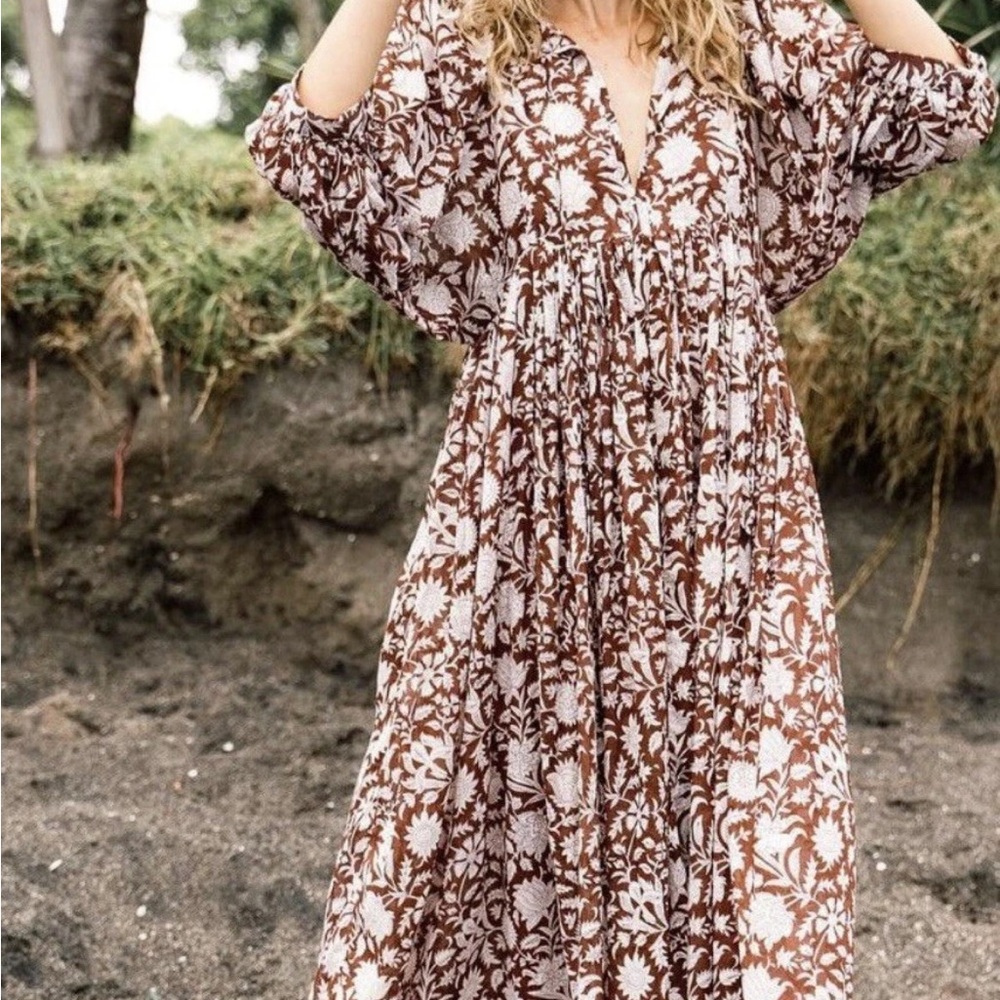Daughters of India Brown and White Floral Long Sleeve Midi Dress